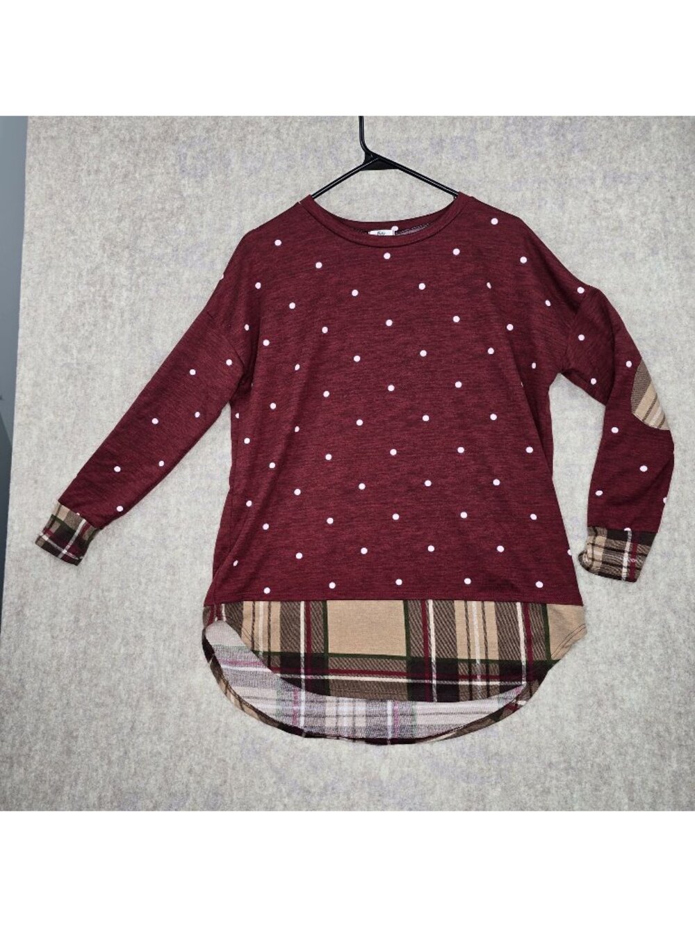 Womens Burgundy Polka Dot & Plaid Long Sleeve Top By Égy Size S